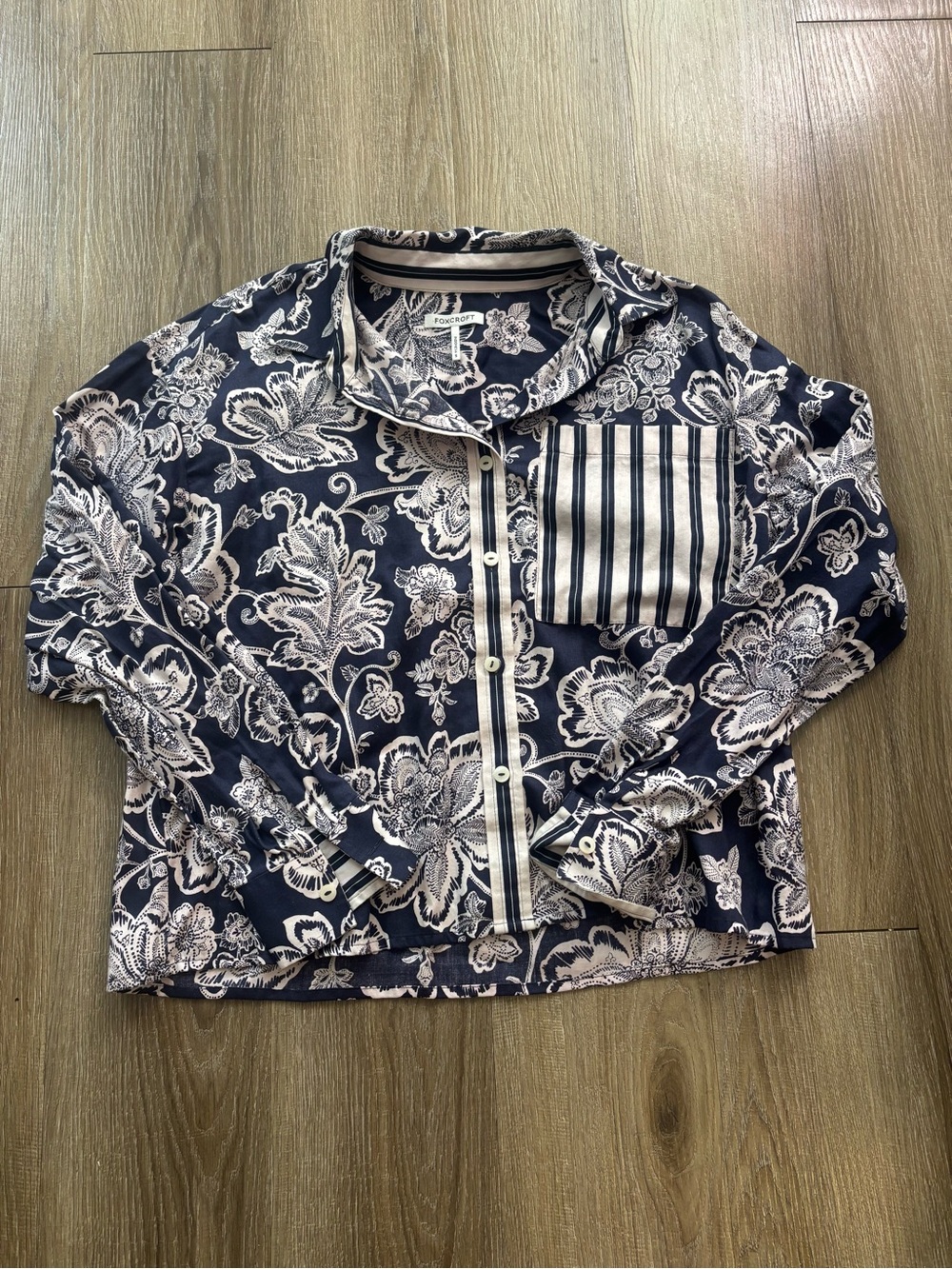 Foxcroft Navy and Cream Floral Button-Front Shirt Jacket